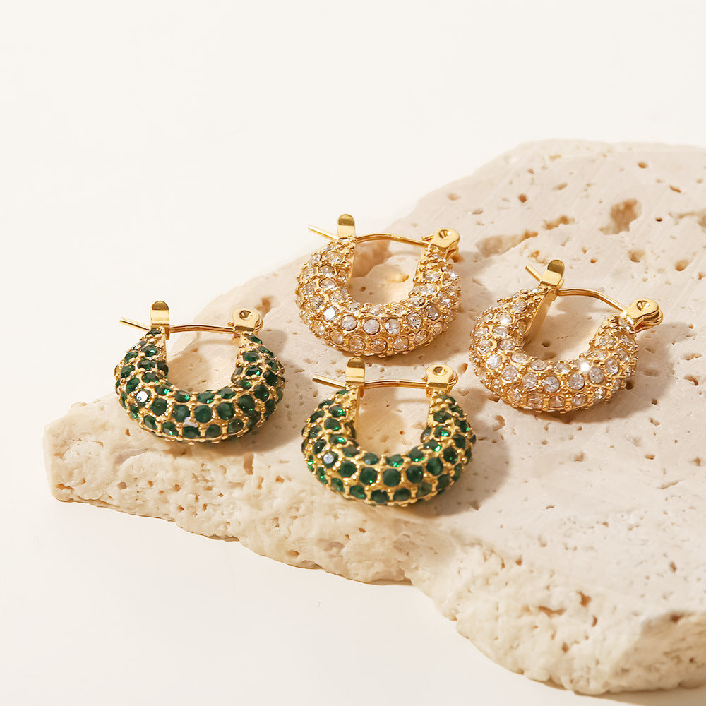 5pcs New Fashion Earrings 18K Gold Plated Stainless Steel Inlaid Green/White Square Zircon Ring Earrings