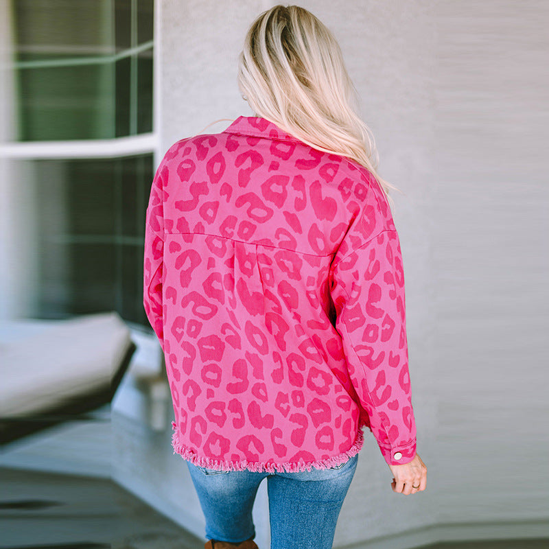 Autumn New Leopard Print Denim Jacket Women Casual Fashion Button-Sleeve Furred Long-Sleeved Coat Women