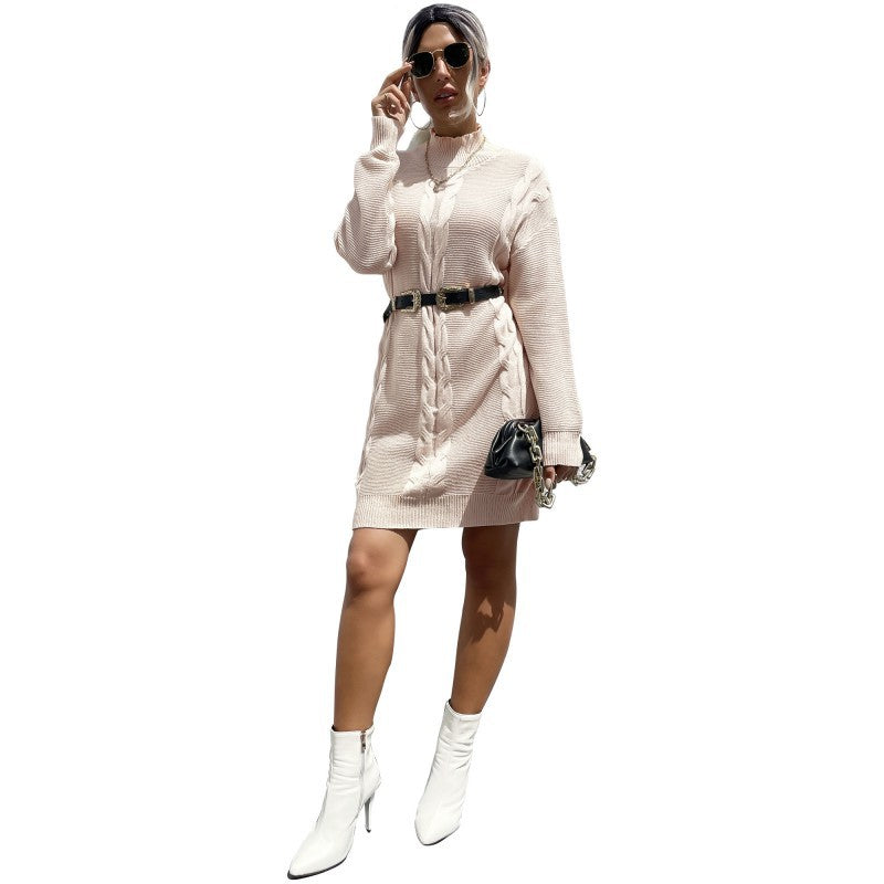 Loose Solid Color Twist Sweater Dress with Half Turtleneck