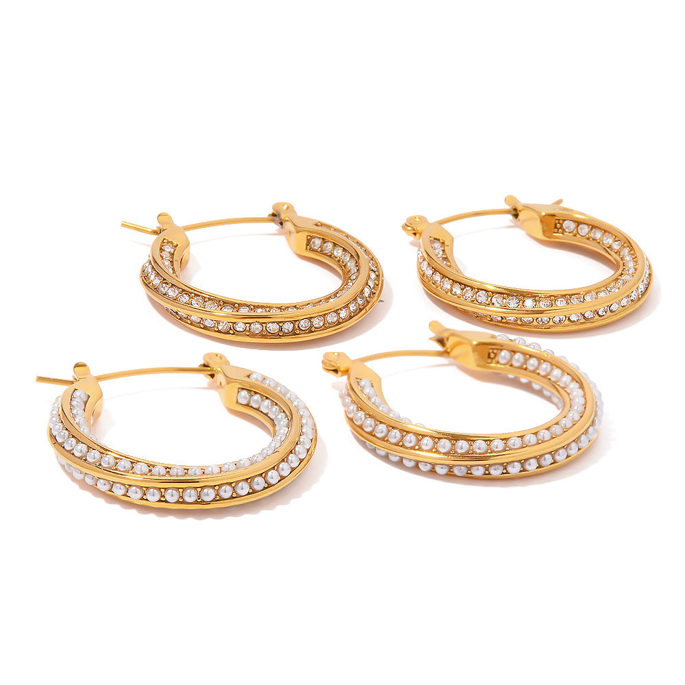 5pcs Fashion Classic Twist 18K Gold Plated Stainless Steel Set With White Pearl Earrings All-Match Earrings