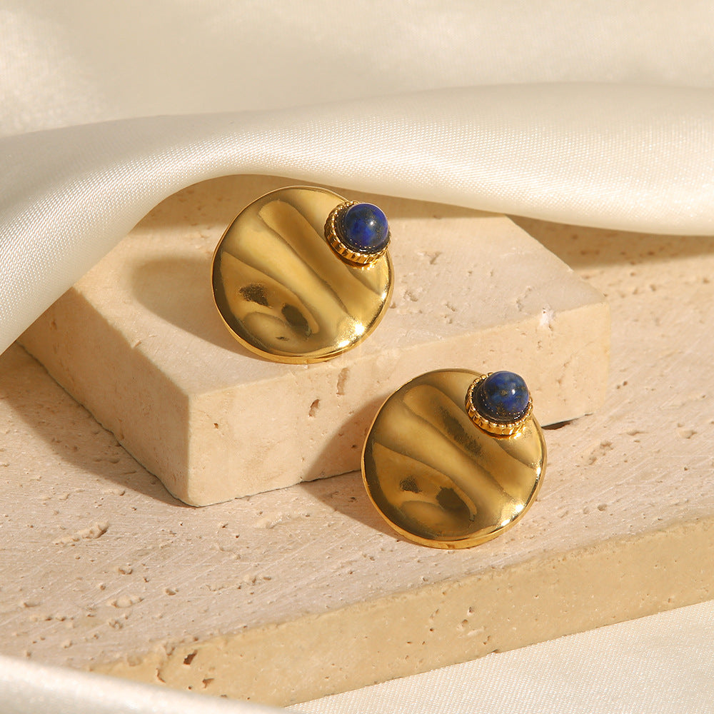 5pcs New 18K Gold Plated Round Set Lapis Stud Earrings High Fashion Accessorize Earrings