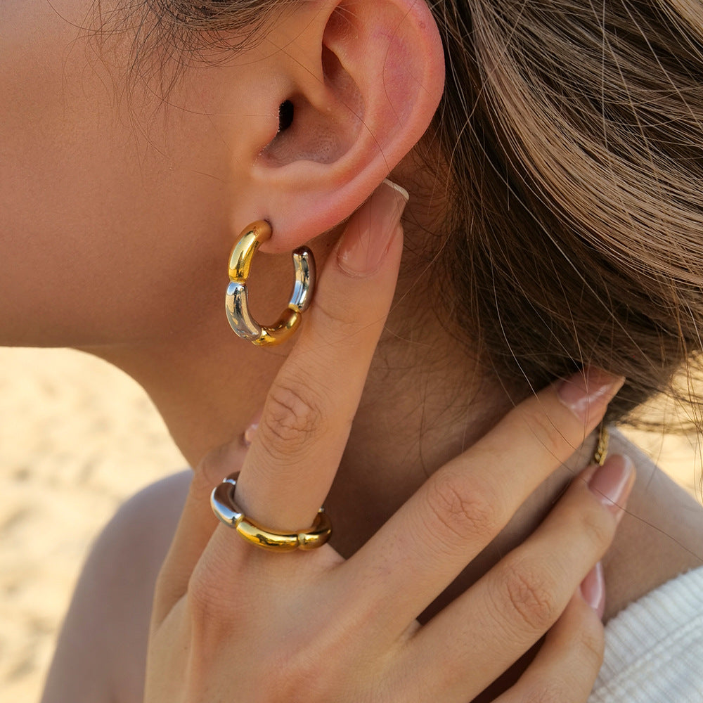 5pcs Geometric High Touch 18K Gold Stainless Steel Two-Color C-Shaped Flower Earrings Jewelry