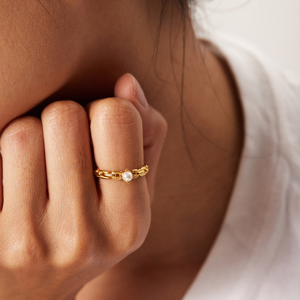 5pcs Women's Simple Geometric Titanium Steel Ring 18K Gold Chain Ring Pearl Earrings Fashion All-Match Ring