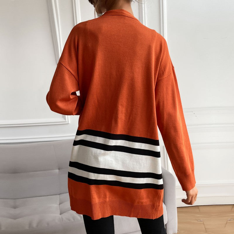 Autumn Fashion Women's Long-Sleeved Color Matching Long Sweater Cardigan