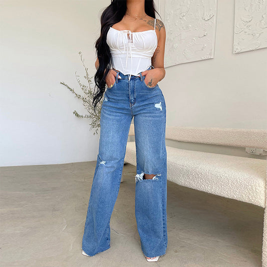 Women's Jeans Long, High-Waisted And Frayed Comfortable Wide-Leg Pants