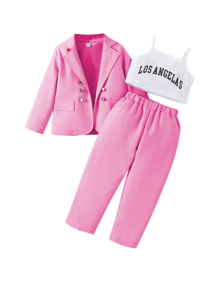 New Girls Spring And Autumn Long-Sleeved Coat + Halter Shirt + Trousers Three-Piece Children's Letter Children's Suit