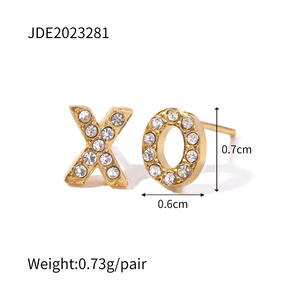 5pcs Fashion Mini Round Diamond Zircon Titanium Steel Letter Stud Earrings 18K Gold Stainless Steel Xo Letter Stud Earrings