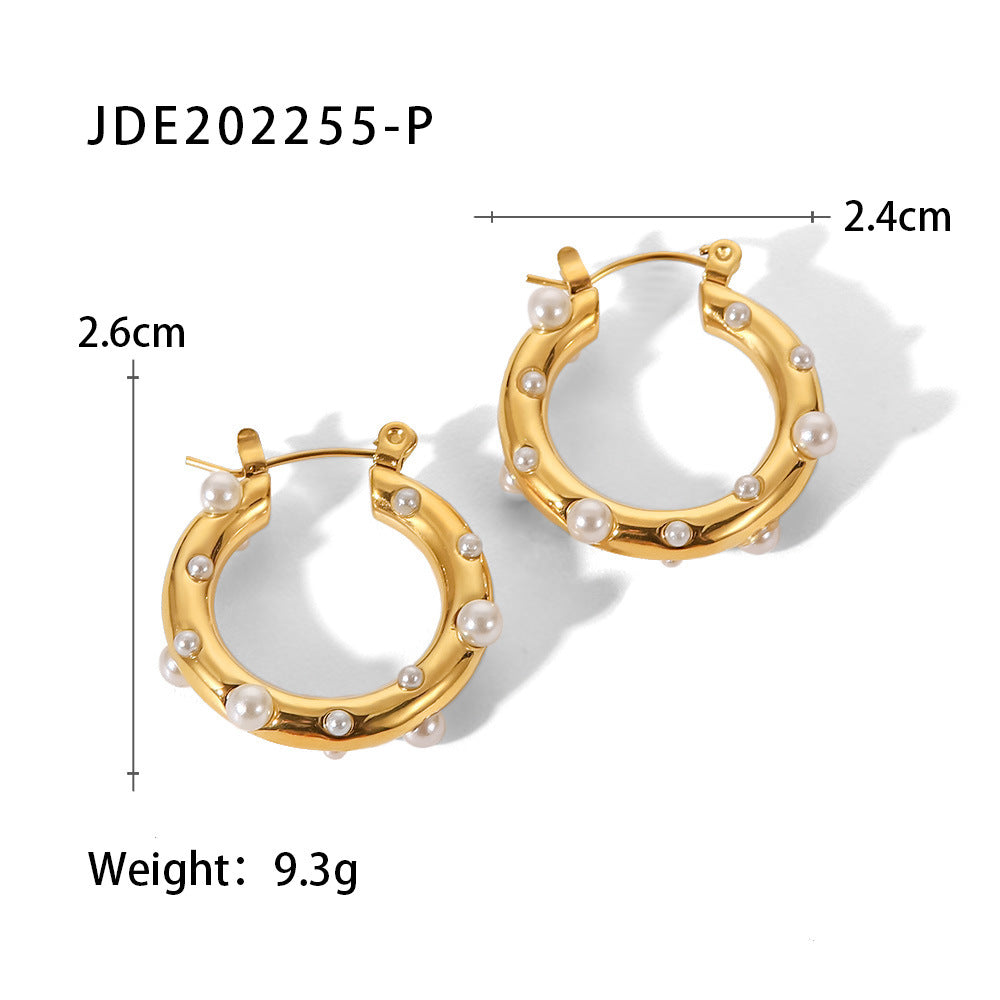 5pcs New Titanium Steel Ring Earrings 18K Stainless Steel Inlaid Pearl Zircon Earrings For Women
