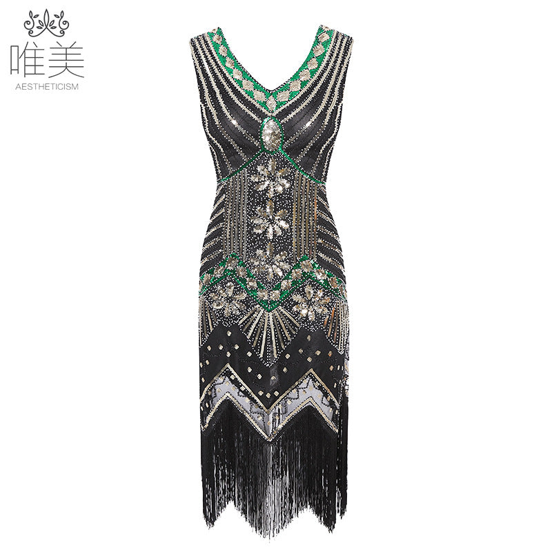 Vintage Style Sequined Beaded Dress Front And Back V-Neck Fashion Fringe Dress Exploded