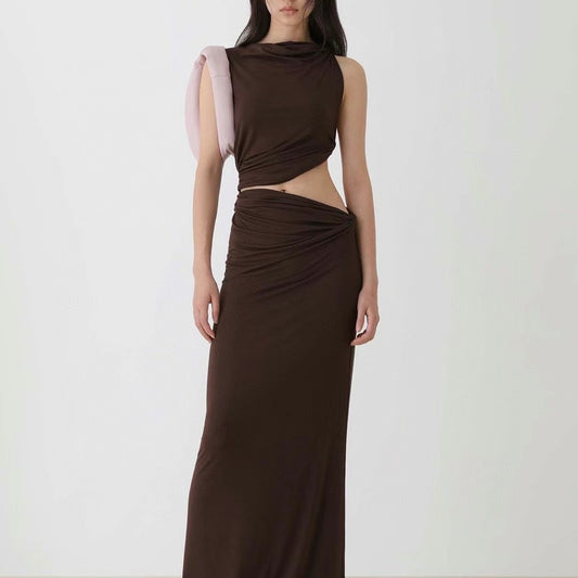 Spring And Summer New Merad Wear A Simple Slim Vertical Cut Knot Fold Vest Half Skirt Suit