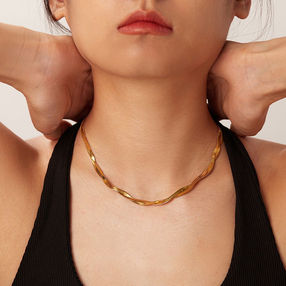 5pcs Exquisite 18K Gold-Plated Stainless Steel Necklace Titanium Steel Popular Double Cross Flat Snake Chain Necklace Jewelry Women