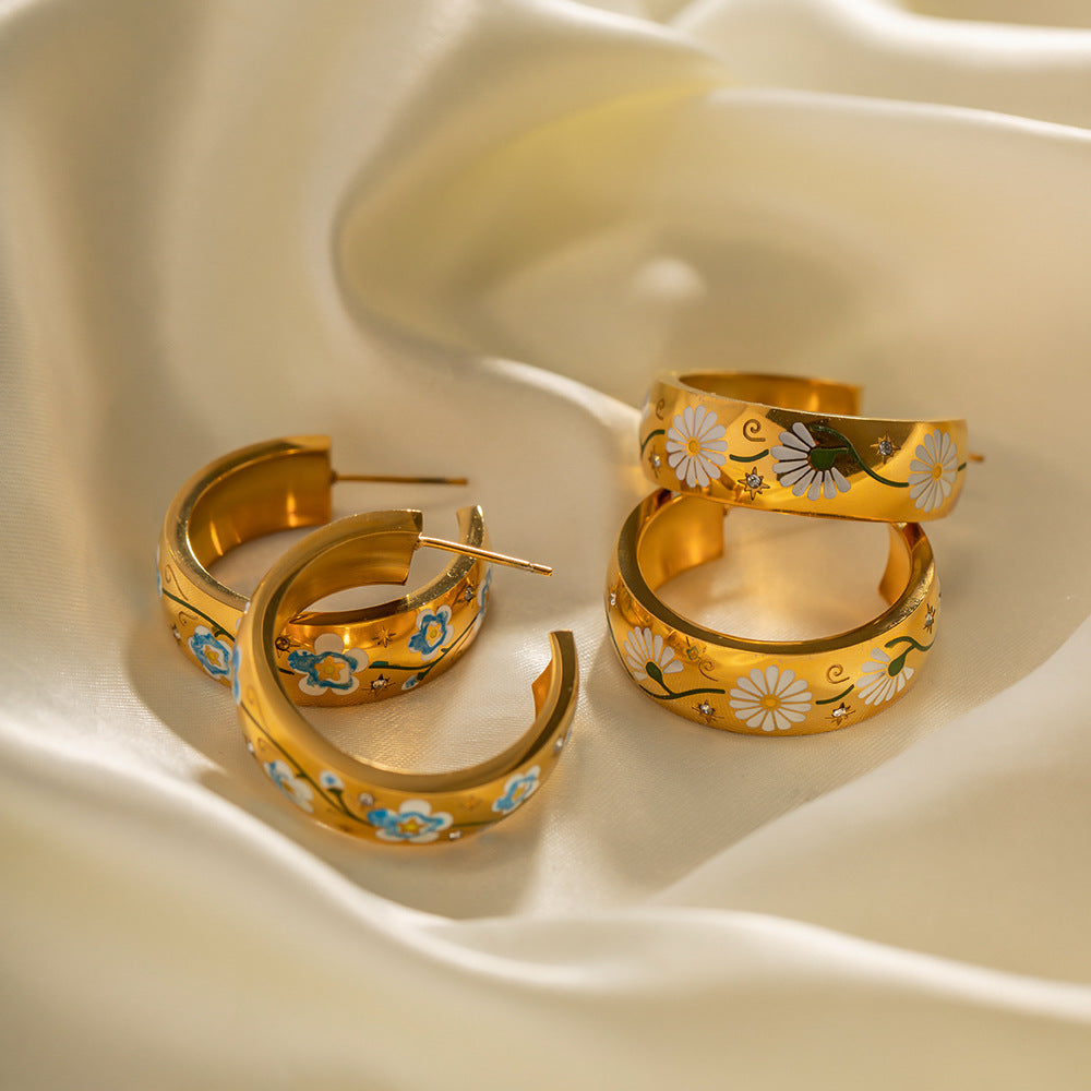 5pcs 18K Gold Plated Stainless Steel Large White Flower Earrings Do Not Fade Niche Design Earrings