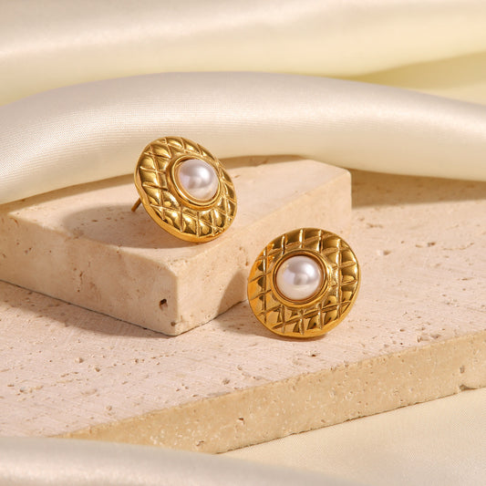 5pcs New 18K Gold Plated Fashion Plaid With Pearl Stud Earrings Fashion Everything Earrings