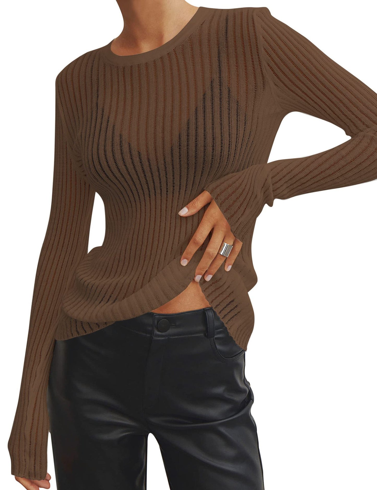 Spring And Summer New Solid Color Long Sleeve Pit Strip Round Neck Breathable Top For Women