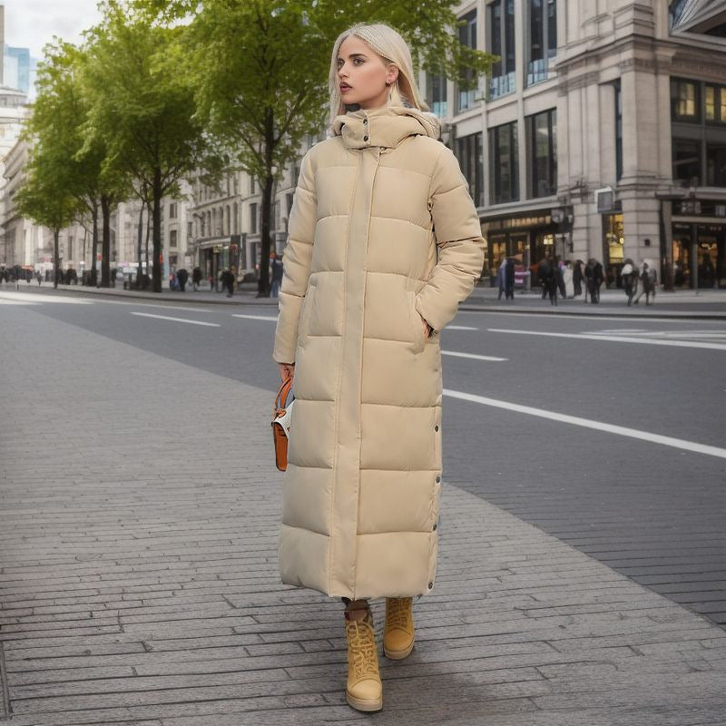 Over The Knee Long Padded Coat Women's Winter New Korean Version Of Fashion Slim-Fit Down Cotton Hooded Thick Padded Coat