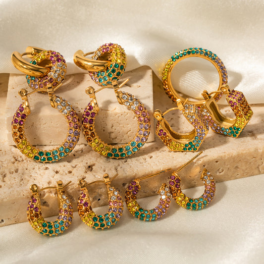 5pcs New Gold-Plated Earrings Multicolor Earrings Full Of Diamond Hoops High-Grade Sense Of Women