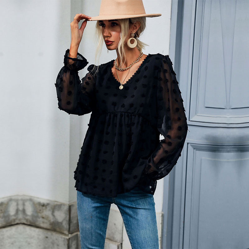 Early Autumn Fashion Shirt Thin Loose V-Neck Long-Sleeved Black Shirt