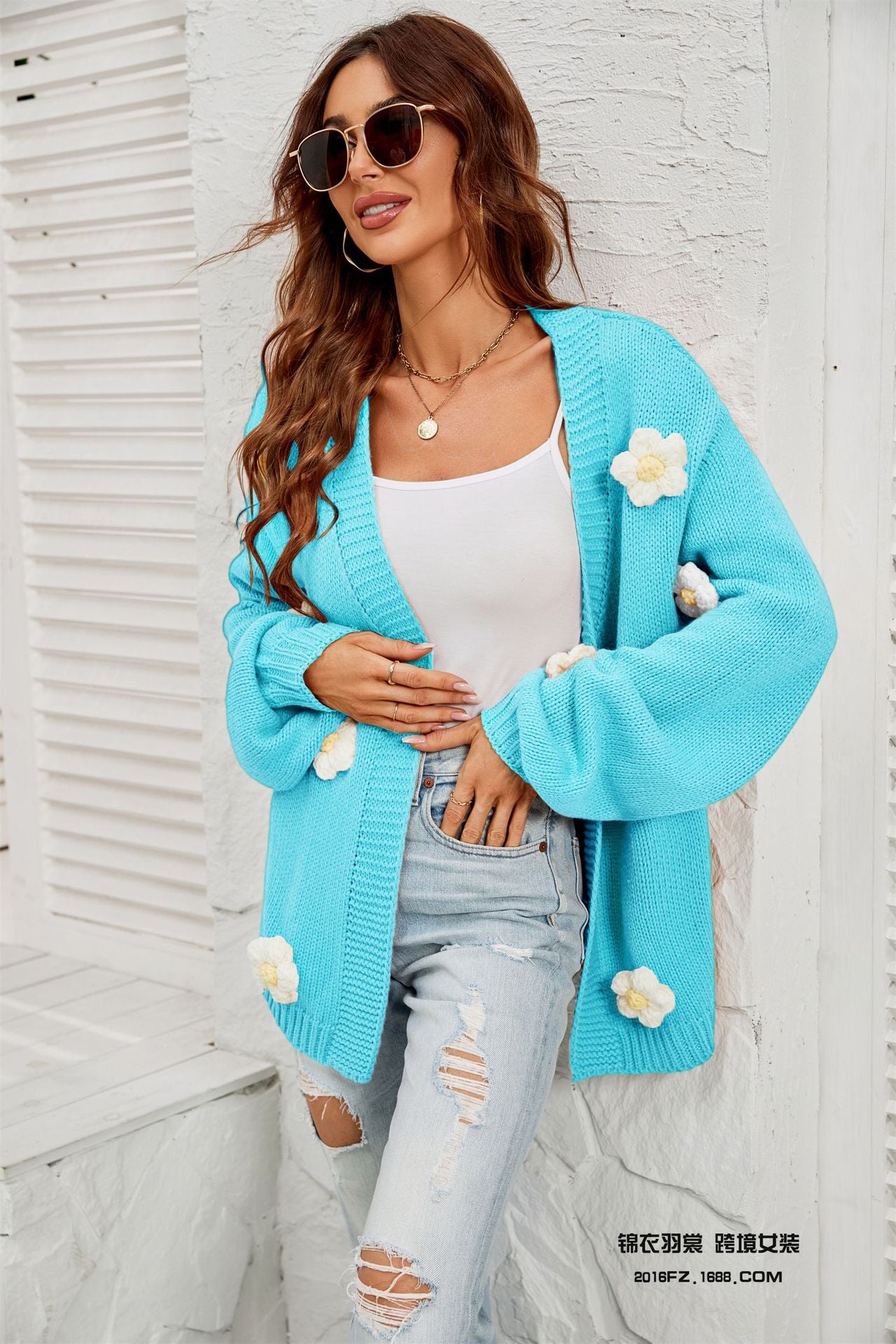 New Winter New Large Size Women's Clothing Flower Cardigan Lantern Sleeve Sweater Coat