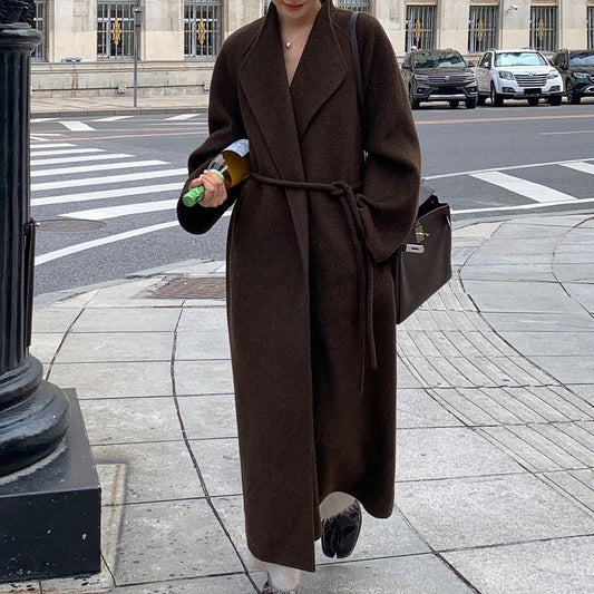 Autumn And Winter New Square Collar Plus Long Loose Bathrobe-Type Tie Long Wool Double-Sided Wool Coat For Women