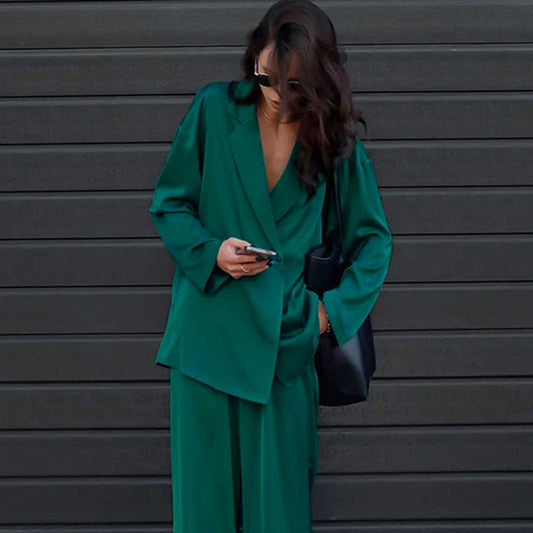 Early Autumn Women's Long-Sleeved Temperament Fashion Suit Trousers Sag Satin Fashion Casual Suit