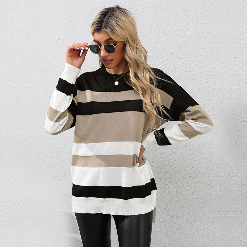 Striped Elegance for Autumn & Winter: Women's Long-Sleeved Fashion Sweater