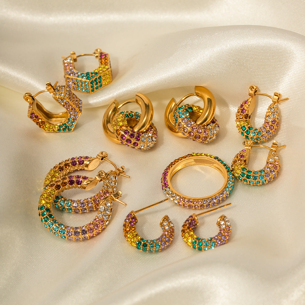 5pcs New Gold-Plated Earrings Multicolor Earrings Full Of Diamond Hoops High-Grade Sense Of Women