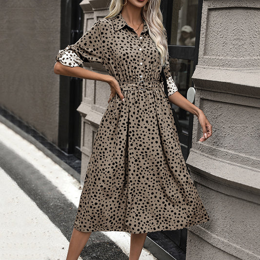 New Dress Lapel Button Temperament Dress Polka Dot Long Skirt High Waist Women Skirt With Belt
