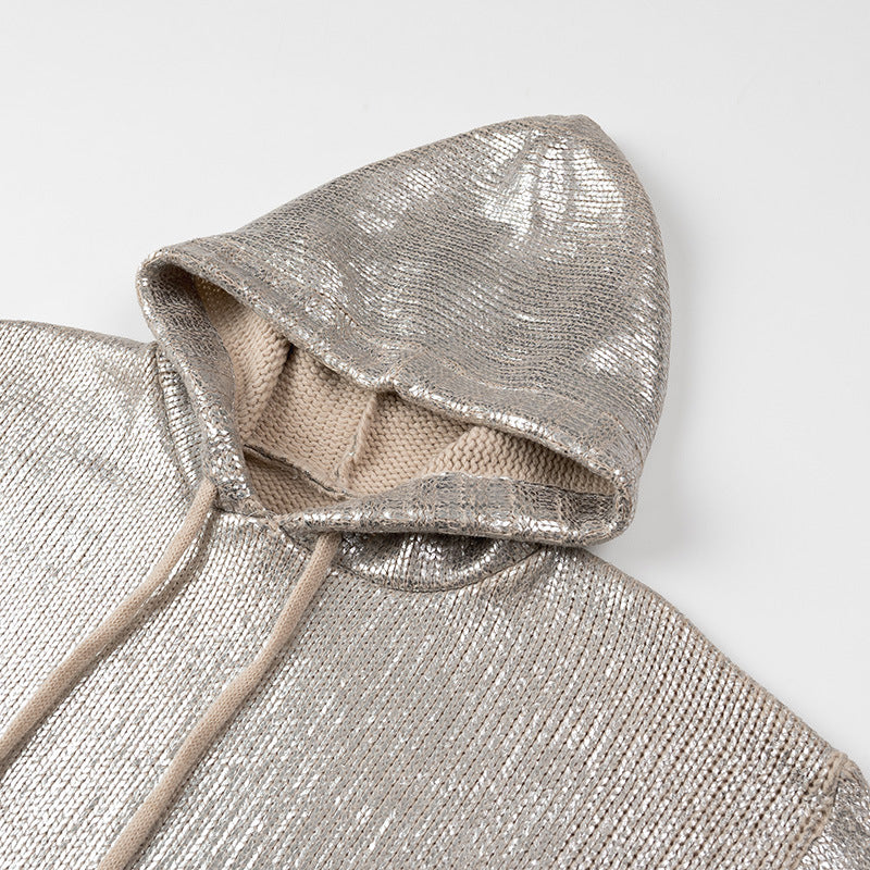New Silver Metal Rib Hooded Long-Sleeved Drawstring Pullover Sweater