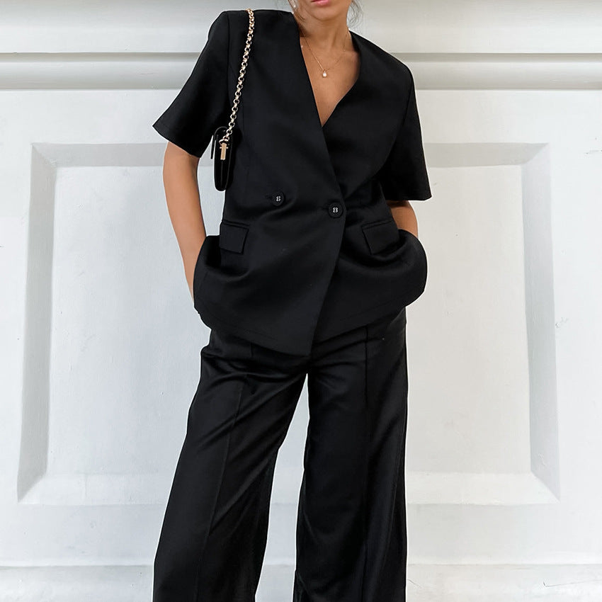Spring Leisure Commute With Design Sense V-Neck Black Suit Fashion Women's Wear