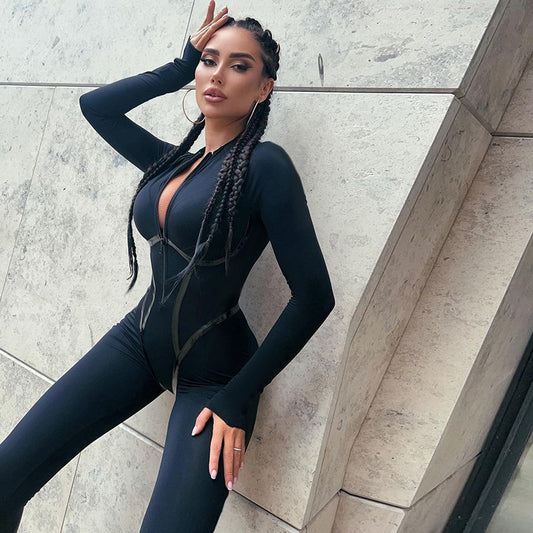 Fashion Sports Leather Ribbon Split Line Long Sleeve Zipper Tight Hip Lift Romper