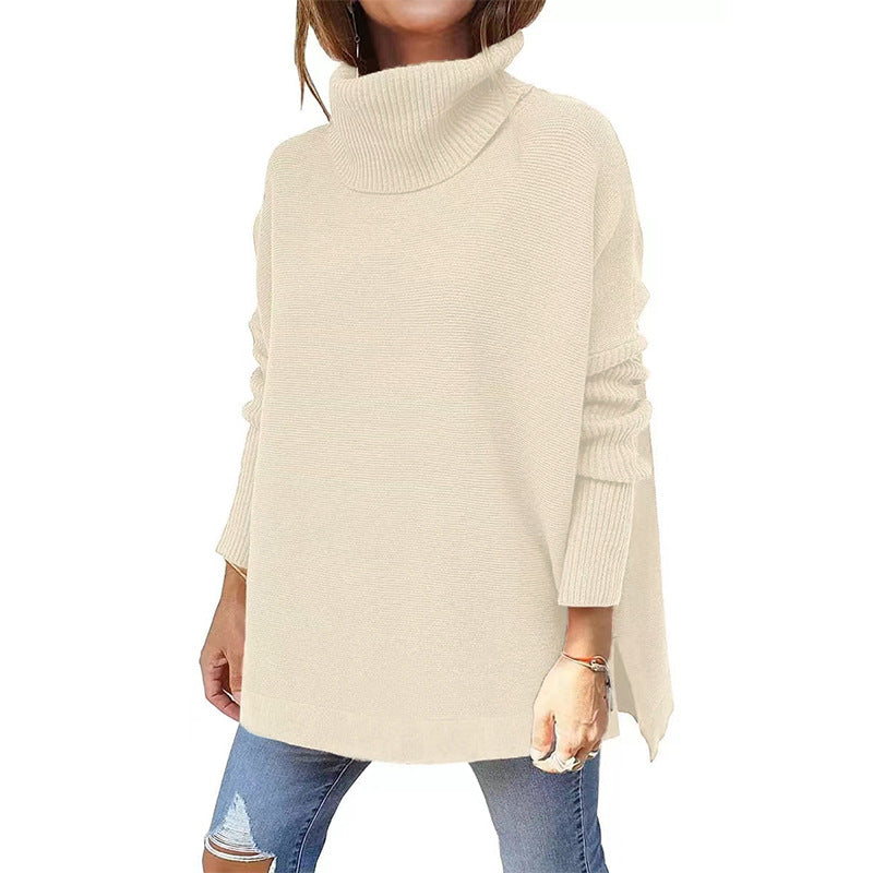 New Women's Turtleneck Oversized Sweater Mid-Length Batwing Sleeve Slit Hem Tunic Jumper