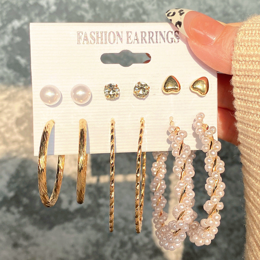 5 Sets New Pearl Earrings Set for Women Retro Metal Geometric C-Shaped 5 pairs Earrings