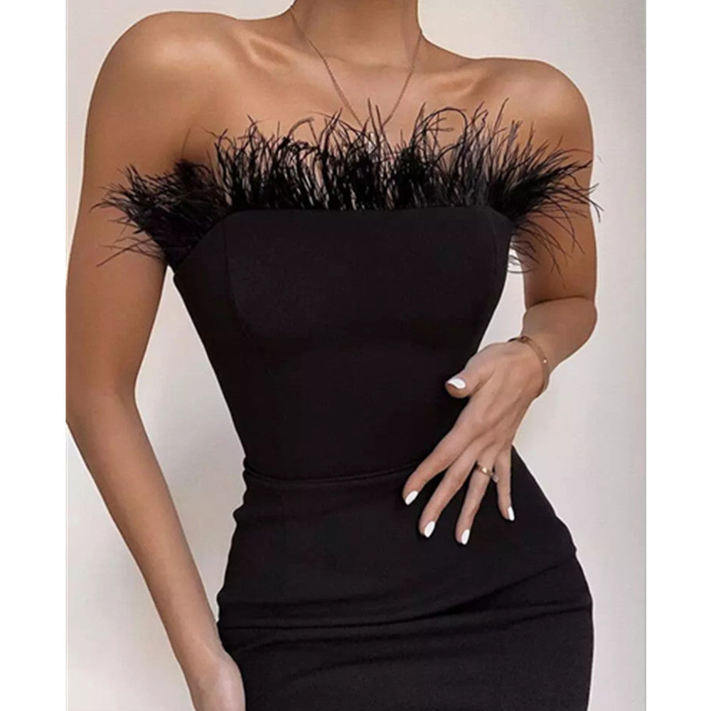 Fashion Bandage Feather Dress Stretch Slim-Fit Strapless Party Dress