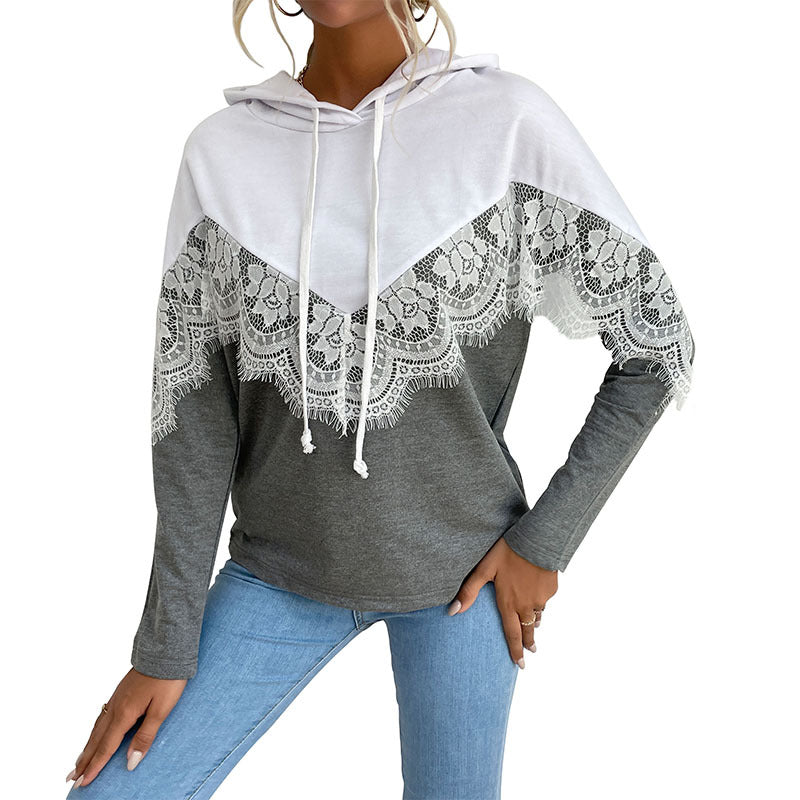Through Autumn New Women's Long-Sleeved Hooded Pullover Lace Stitching Hoodie Hoodie