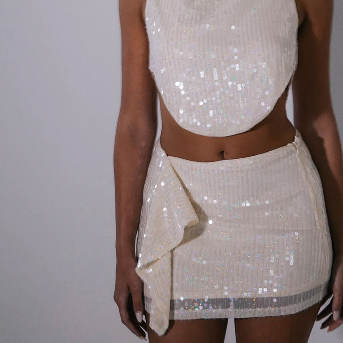 Spice Girls Wearing Glitzy Sequsleeveless Crop Top Pack Hip Skirt Sexy Two-Piece Suit Women