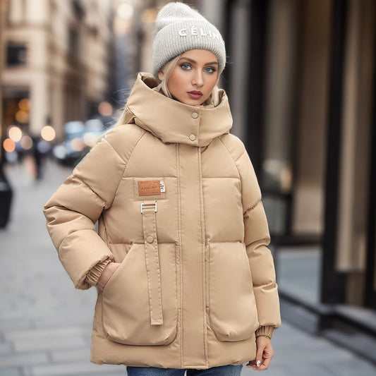 Oversize College Style Fashion Simple Korean Version Hooded Stand Collar Cotton-Padded Coat Female Autumn And Winter Niche Thickened Cotton-Padded Coat