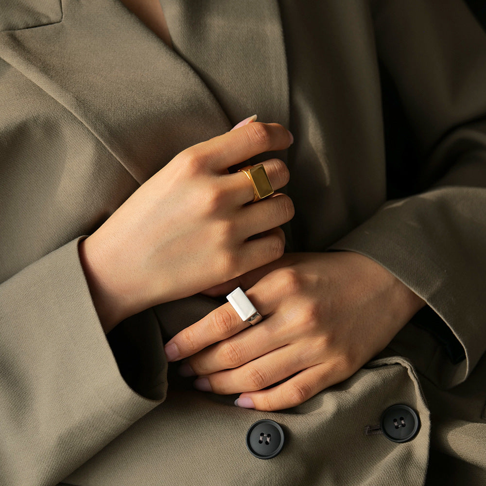 5pcs 18K Gold Stainless Steel Rectangular Ring Fashion Jewelry Ring Women's Style Everything With A Small Fashion Does Not Fade Jewelry