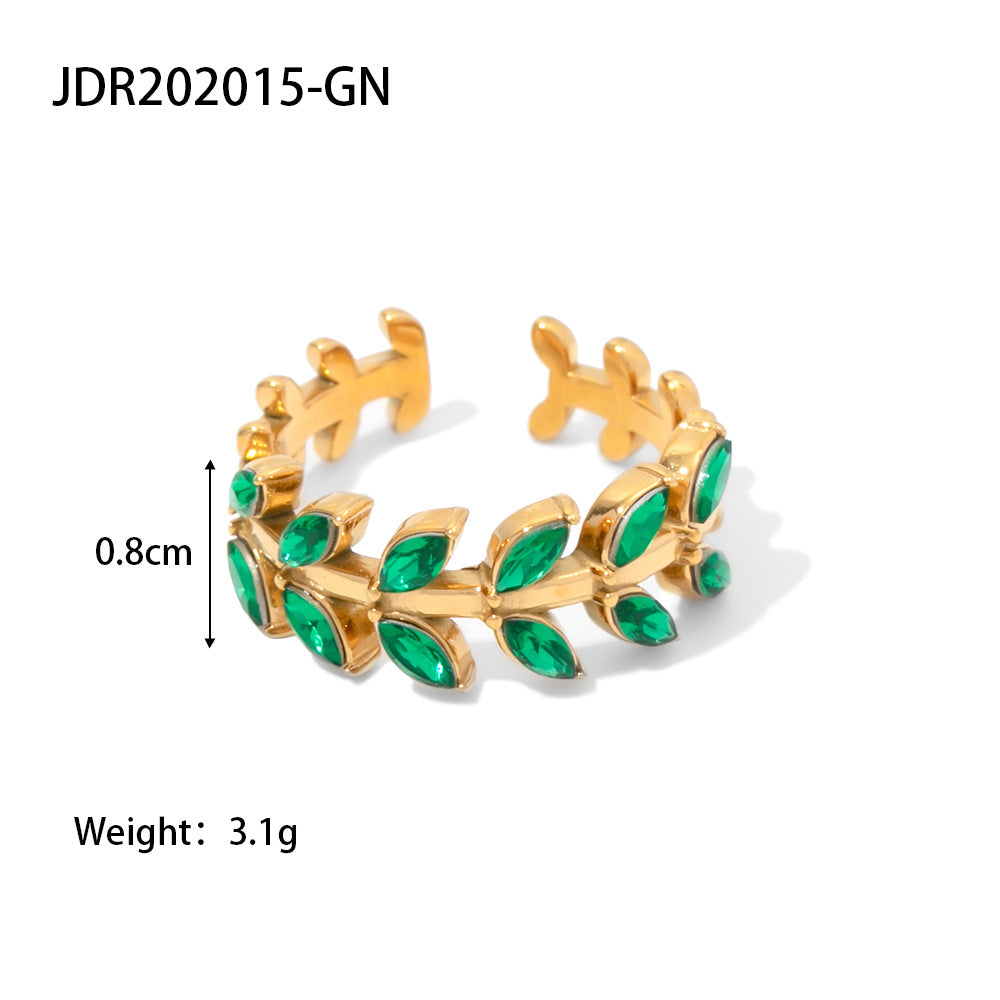 5pcs New Titanium Steel Ring 18K Gold Stainless Steel Leaf Shape Inlaid With Colored Zircon Ring Jewelry