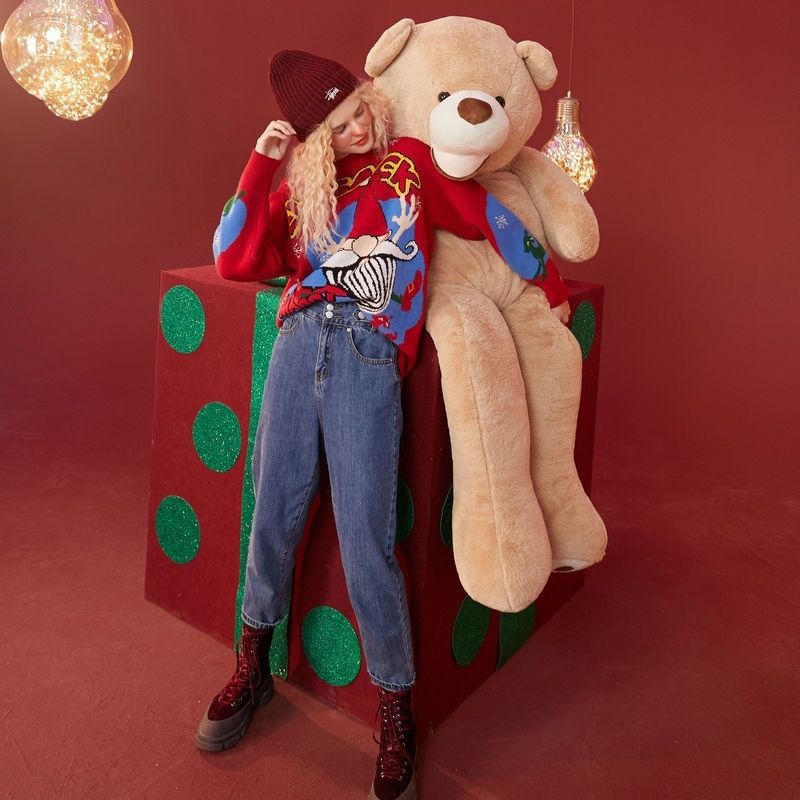 New Autumn Winter Thick Red Women's Sweater Plus-Size Santa Claus Top Retro Wear Knitwear Trend
