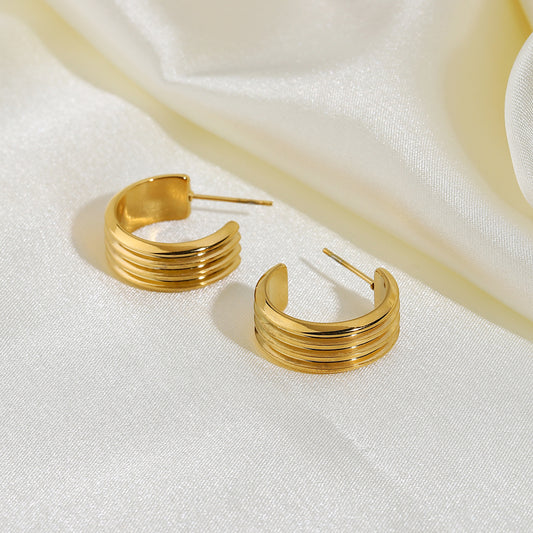 5pcs Earrings Jewelry 18K Vacuum Electric Gold L Stainless Steel Three Layer C Shape Tire Earrings Female