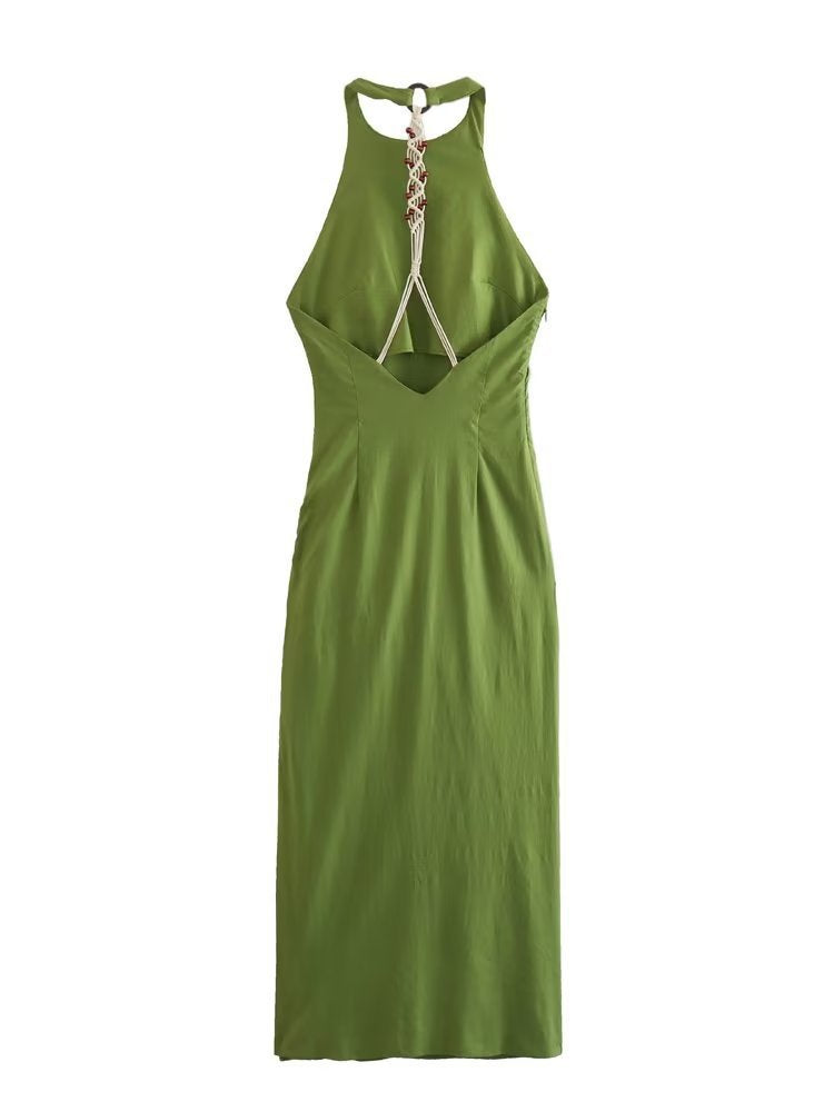 Wind Summer Women's New Green Fringe Decorated Linen Halter Dress