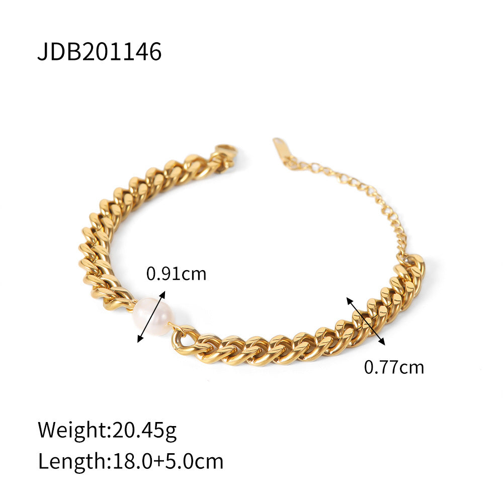 5pcs Stylish New 18K Gold-Plated Stainless Steel Cuban Chain Single Pearl Bracelet Individually Packaged Women's Bracelet
