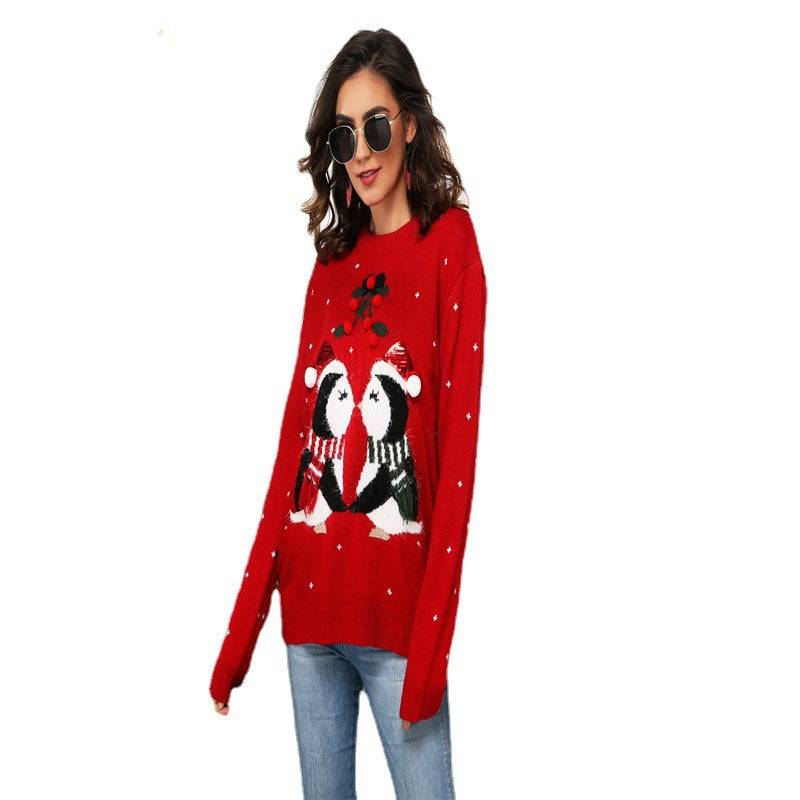 Women's Christmas Sweater Little Penguin Jacquard Loose Style Round Neck Pullover Sweater