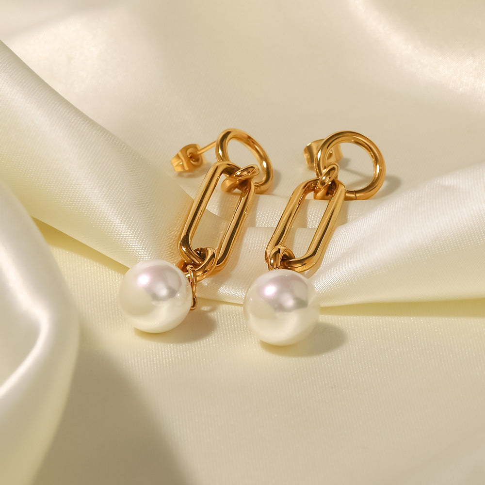 5pcs Titanium Steel Earrings Women's Fashion All-Match 18K Gold Plated Stainless Steel Exquisite Chain Pearl Pendant Earrings