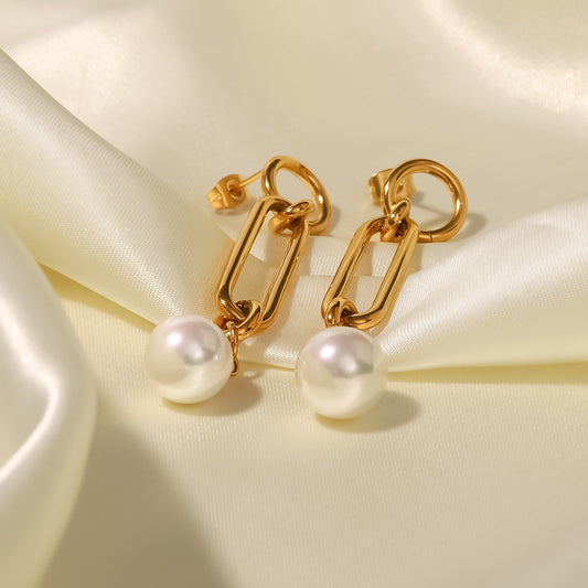 5pcs Titanium Steel Earrings Women's Fashion All-Match 18K Gold Plated Stainless Steel Exquisite Chain Pearl Pendant Earrings