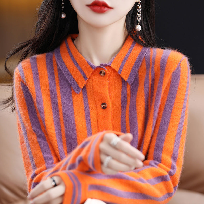 Spring And Autumn New Polo Collar Vertical Stripes Pure Wool Shirt Female Korean Version Patchwork All Matching Thin Wool Knitted Cardigan
