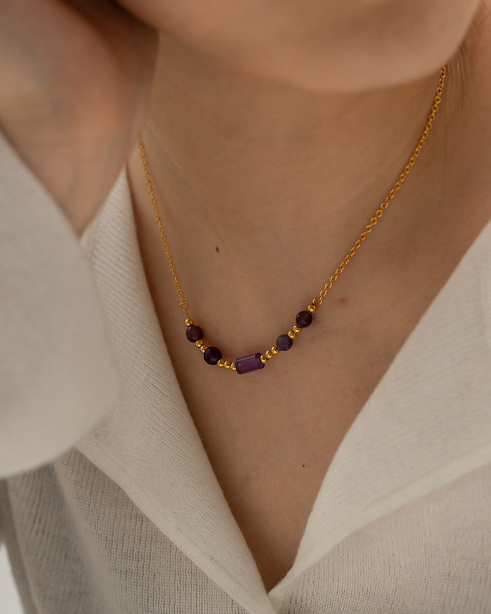 5pcs 18K Gold-Plated Stainless Steel Purple Stone Pendant Necklace With A Variety Of Niche Accessories Do Not Fade