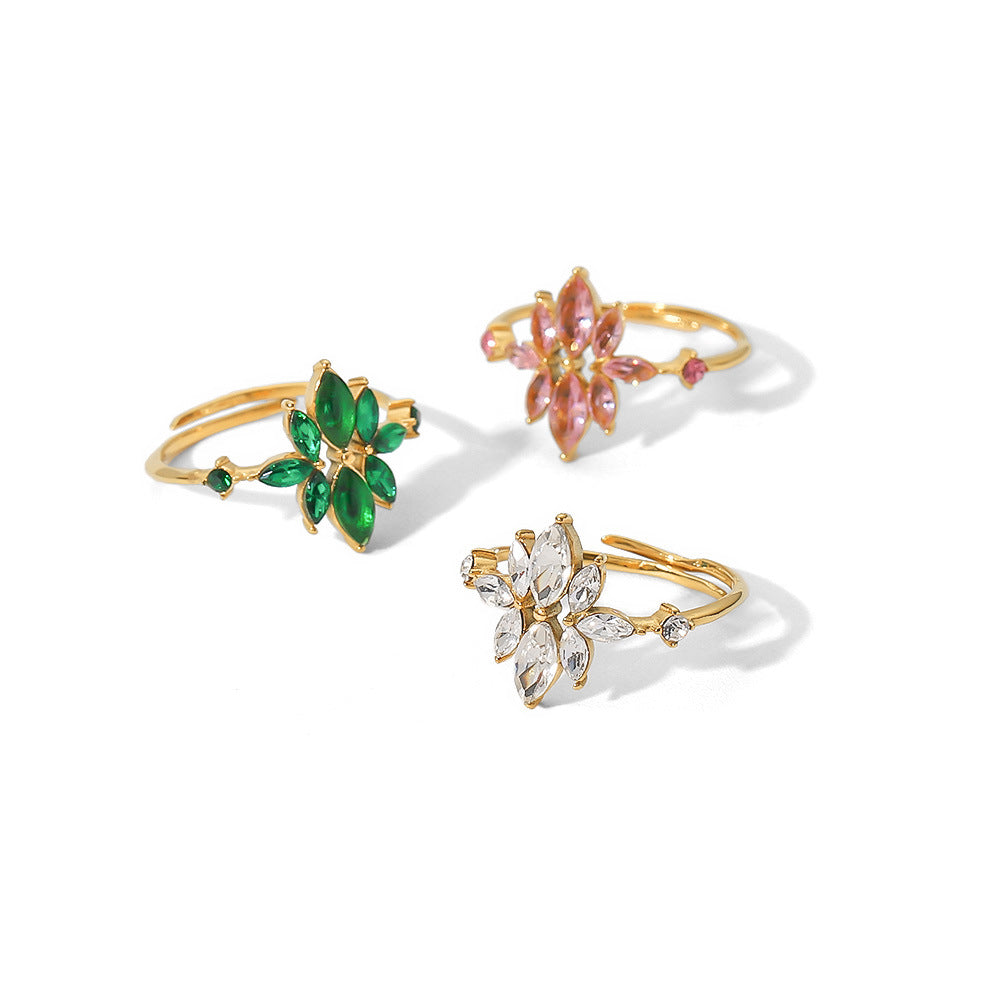 5pcs Ring 18K Gold Plated Thin Flower Zircon Ring Stainless Steel Green Zirconium Adjustable Ring Female