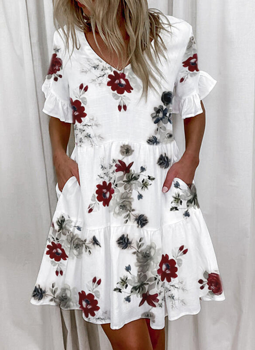 Women's Dress New Skirt Fashion Print Ruffled Pocket Short Female Dress A Hair