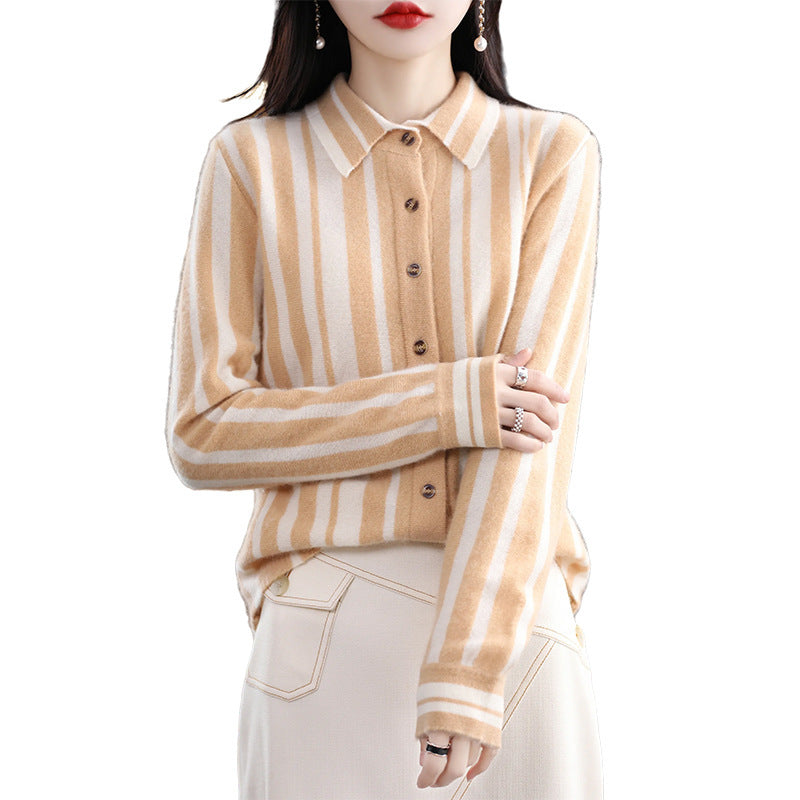 Spring And Autumn New Polo Collar Vertical Stripes Pure Wool Shirt Female Korean Version Patchwork All Matching Thin Wool Knitted Cardigan